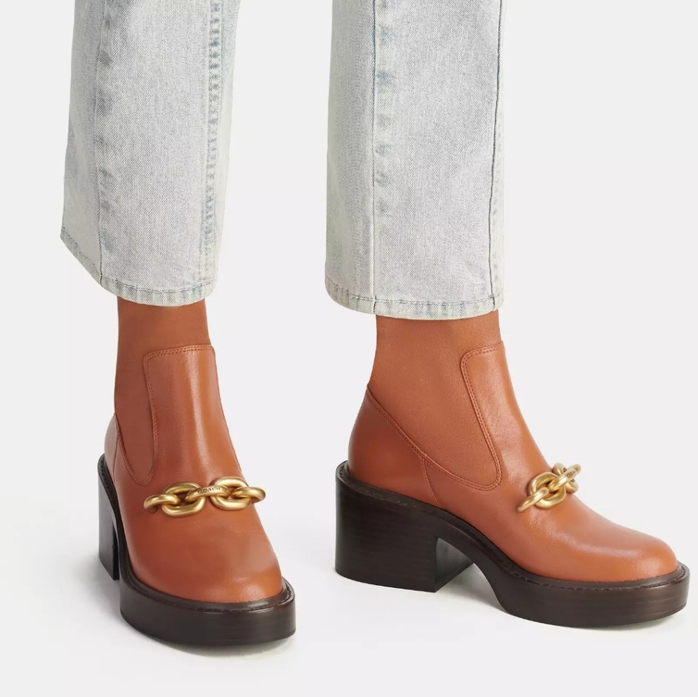 Coach Brown Leather Platform Ankle Boots with Gold Chain
